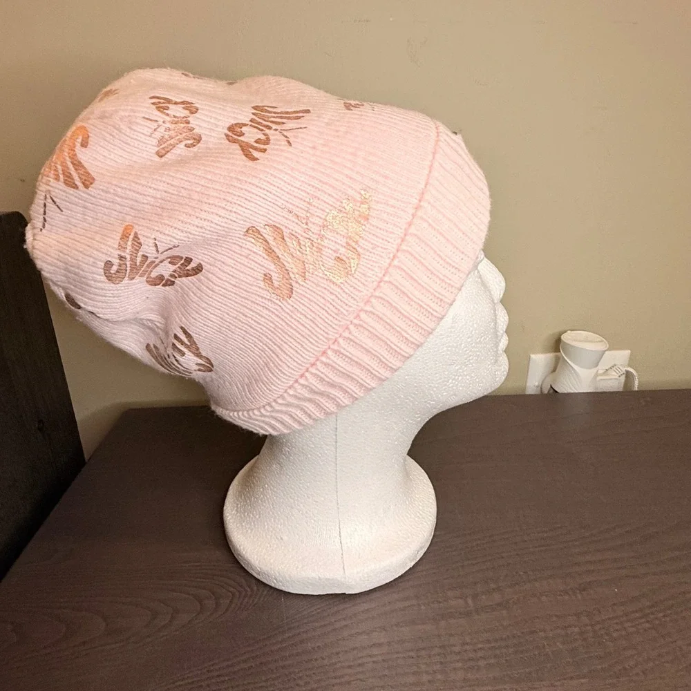 Juicy Couture Kids Pink Knit Beanie Rose Gold Logo Metallic Y2K Faux Fur Lined